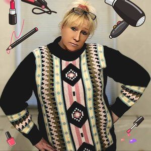 Rare Vintage Clifton Place Pixelated Navy Pastel Aztec Mock Neck Knit Sweater 21